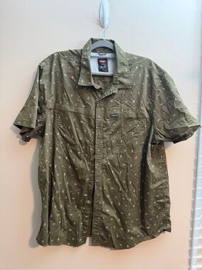 Wrangler Olive Green Short Sleeve Button-Down with White Print